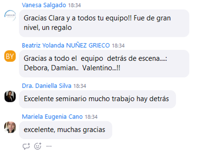 Comentarios de participantes: fue de gran nivel, un regalo; excelente seminario; muchas gracias.